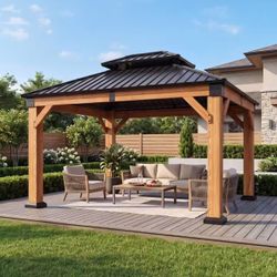 10' x 12' Outdoor Wood Gazebo, Hardtop Gazebo Permanent Wooden Pavilion with Galvanized Steel Double Roof, for Patio, Garden, Deck, Cedar Wood, Natura