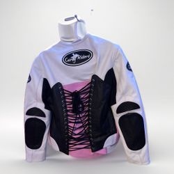 Curvy Riderz Corset Colorblock Leather Moto Jacket – Pink, Black & White, Size XL