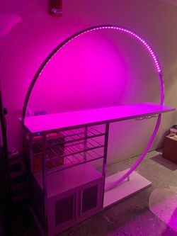 Pemberly Row Circular LED Wood Home Bar with Wine Storage White High Gloss