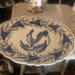 Large Hand Painted Pottery Platter Or Tray