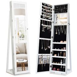 Costway Mirrored Jewelry Cabinet Lockable Standing Storage Organizer W/ Shelf 