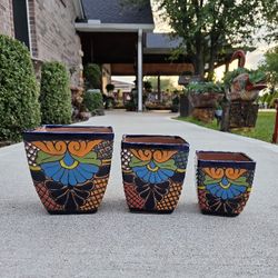 Square Talavera Blue  Terracotta Set Clay Pots, Planters,Plants, Pottery.