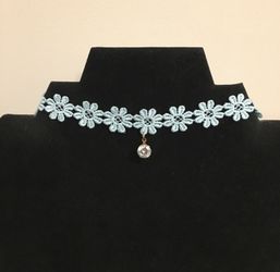 Blue flowers lace choker with crystal drop charm