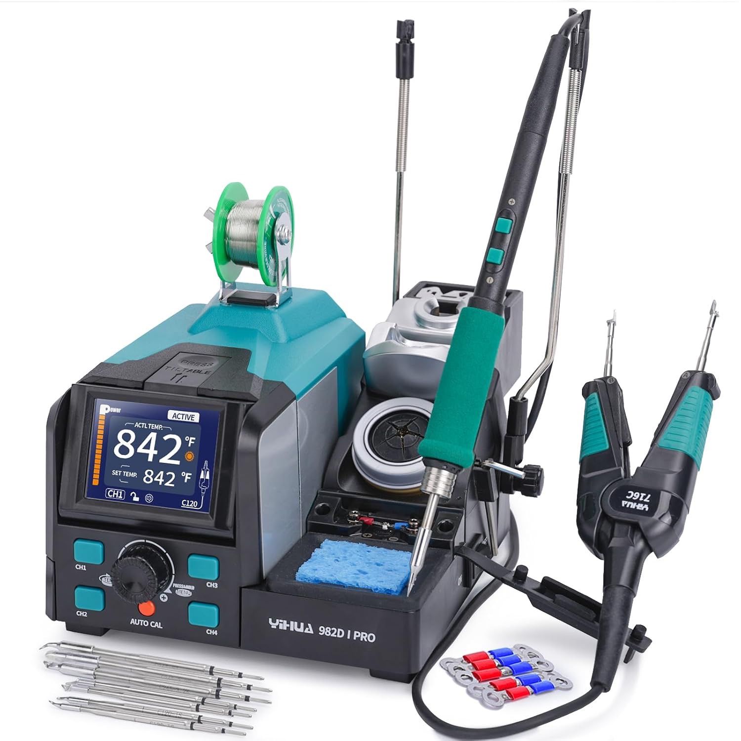 982D-I PRO 2 IN 1 Precision Microsoldering Iron Hot Tweezers Soldering Station with 10 Tip Cartridges, Individual Operating Interfaces, Dual Holder, A