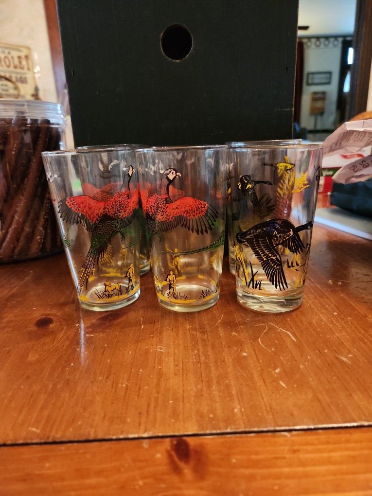 Vintage Pheasant Glasses Set Of 4 & 1 Goose & 1 Duck