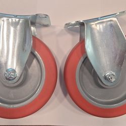 2 Rigid Casters 5" Heavy Duty Red Poly