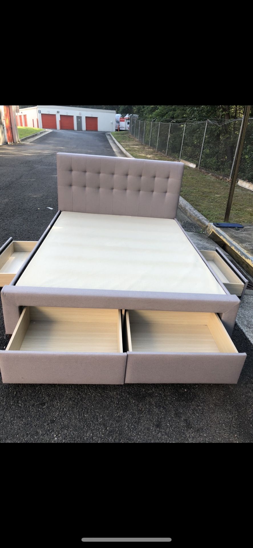 Modern Queen Size Bed With Drawers : Headboard, Footboard, Rails, Mattress And Boxspring. Great Condition. Delivery Available