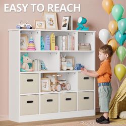 Toy Storage Organizer with 6 Bins, Wooden 4-Tier Floor Standing Open Bookshelf Storage Cubby, 12-Cube Storage Shelf Bookcase, Kids Bookshelf and Toy S