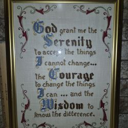 Vintage Wood & Glass Framed Embroidered Serenity Prayer, 13.75"×17.75"