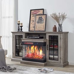 Fireplace TV Stand for TVs up to 65'', 3-Sided Glass Media Entertainment Center Console Table with Door Closed Storage