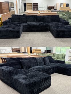 134” Oversized U-Shaped Sectional Sofa in Black with cup holder. ✅ Soft corduroy fabric ✅ Extra deep seating ✅ Plush cloud style comfort ✅ Built in c