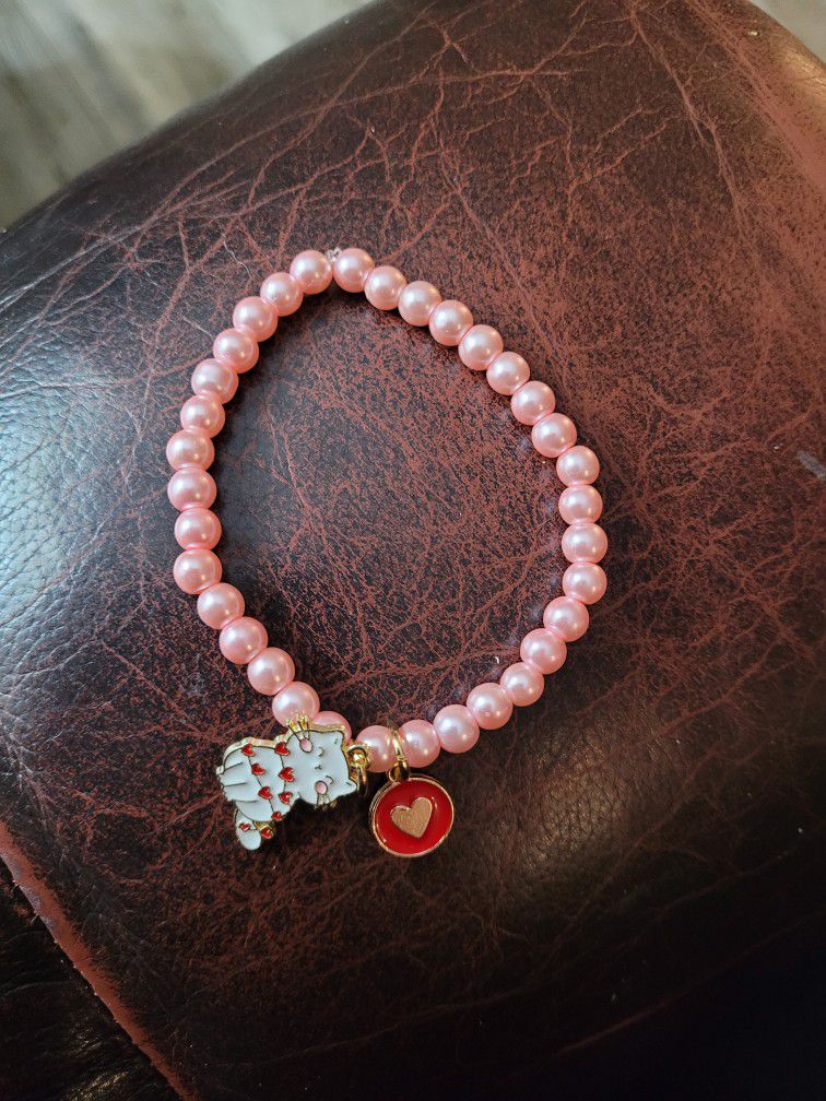 Kolejax Pink Beaded Heart Cat Bracelet. One Size Fits Most. 