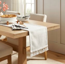Heath & Hand Magnolia 14"x72" Cream Pebble Textured Woven Fringe Table Runner