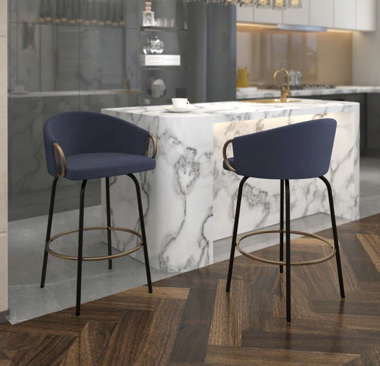 Contemporary Velvet and Metal 26" Counter Stool Set of 2 Blue and Black and Gold