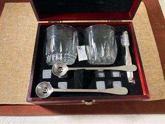 QUISEEN chill rocks, whiskey stones, set wood box with two glasses and granite, chilling, rocks, and tongs
