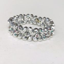 Beautiful Silver Crystal Rondelle Beads, Sparkling Star Design, Glass Beads, Elastic Stretch Bracelet.