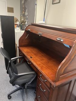 Roll Top Oak Color Desk  With Two Desk Draws