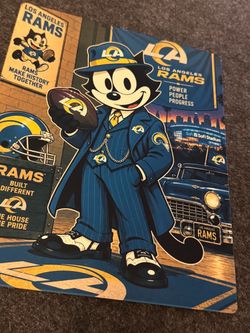 Los Angeles rams Felix the cat on a metal sheet