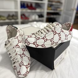 Gucci Ace GG Print Motif White Leather Low Top Men’s Sneakers 497094 Size 9.5