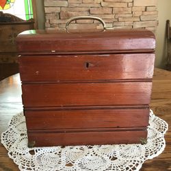 vintage wooden sewing basket 13" tall 13 1/2 by 10 w.  