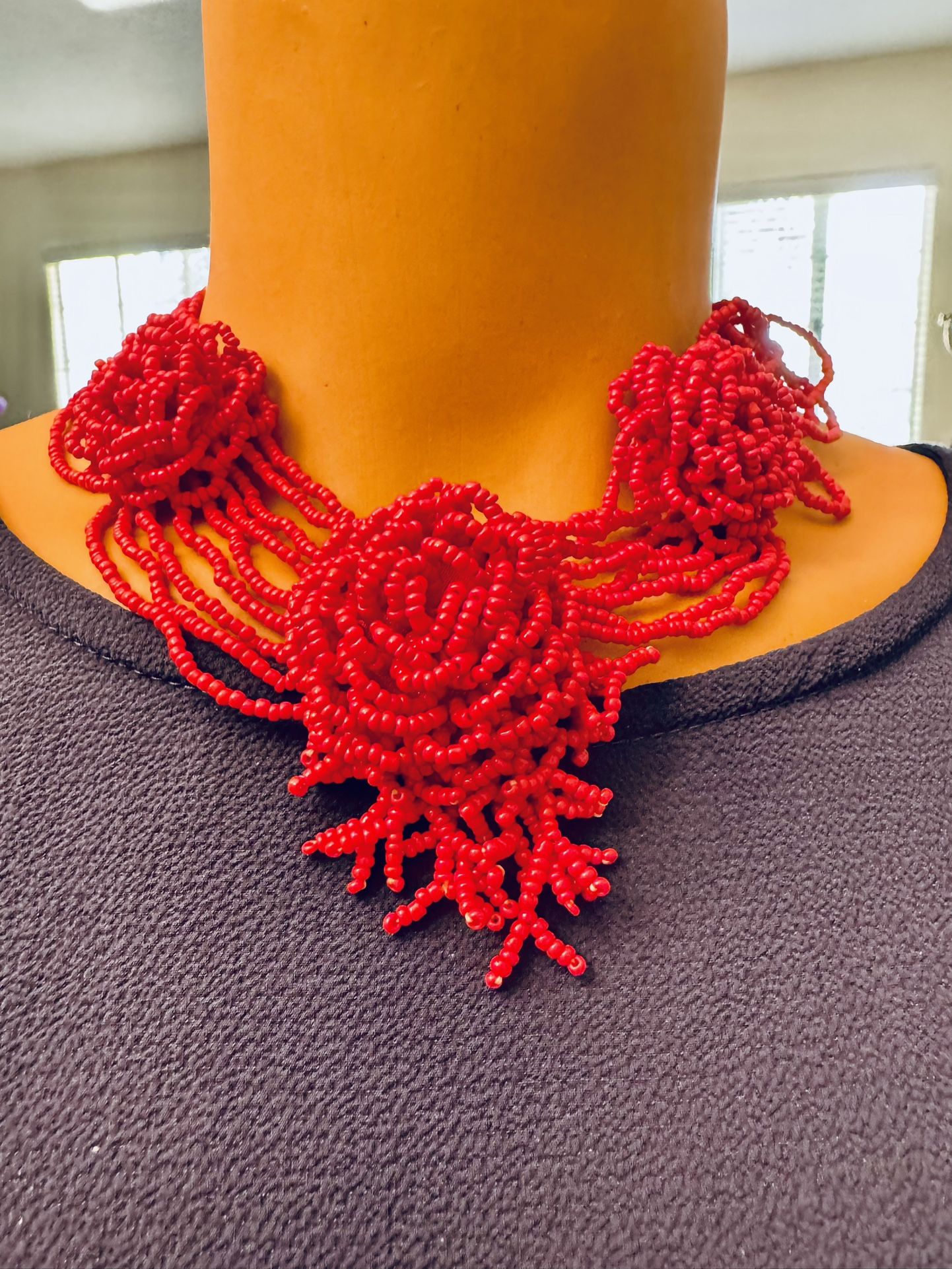 African Tribal Style Multi-strand Red Seed Glass Beads Collar Necklace 16”