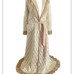 1930/40s? Cream Quilted Satin Robe W Brown Tan Lace Trim Sz Small Vintage 