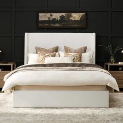 RECCI Queen Upholstered Platform Bed Frame with Tall Wingback Headboard 53'' Extra Tall Wingback Headboard, Low Profile Grounded Design, Squeak-Free, 