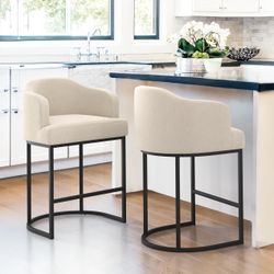 LUE BONA 27" H Counter Height Bar Stools Set of 2, Modern Counter Stools with Curved Backrest and Arms, Black Metal Frames, Linen Fabric Upholstered B