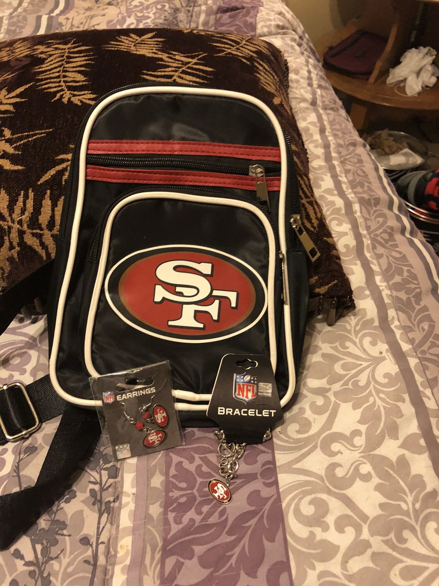 San Francisco 49ers sling bag earrings and bracelet