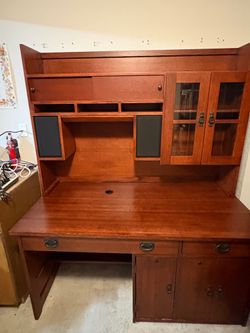 Sturdy Wood Craftsman Style Desk with Integrated Hutch and Storage