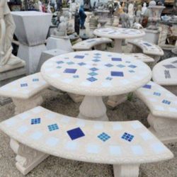 Concrete Stone Mosaic Picnic Table with 3 Benches/ Outdoor Patio Furniture
