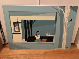 Ragnar Large 32x48 SHAG Style Canvas Art – Retro Mid-Century Modern Moody Blue Woman w/ Braids & Crow (Similar Josh Agle