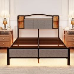 Queen metal bed frame. Shelf. LED. USB power outlet