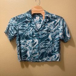 Women’s Large RVCA Blue Wavy Waves Ripple Short Sleeve Button Up Shirt