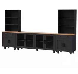 Qualler Black Farmhouse TV Stand Fits TV's up to 70 in. with Bookshelves and Tempered Glass Doors