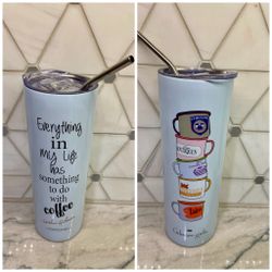 Travel Mug with plastic sip lid w/metal straw - Gilmore Girls theme 21.3 oz new/unused  