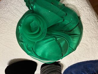 $30-Green Satin Fascinator Hat with Floral Detail