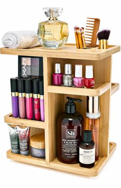 Sorbus 360° Makeup Organizer - Bamboo Wood Make Up Storage Carousel for Cosmetics, Skin Care Rotating Makeup Organizer for Vanity, Bathroom Storage