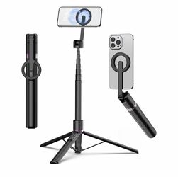 68" Magnetic Selfie Stick Tripod with Aluminum Strong Magnetic Holder for Magsafe, 360° Rotatable Travel Phone Tripod Stand with Metal Ring & Recharge