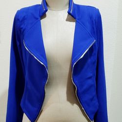 Fashion Statement Light Weight Stretchy Material Royal Blue Jacket w/ Gold Accent Faux Zipper 
size Woman's Small 