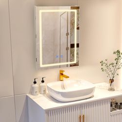 20”x28” Bathroom Medicine Cabinet with LED Lights and Mirror, Wall Mounted Mirror Cabinet with Adjustable Shelf, Defogger, Memory 3-Color Mode, Dimmer