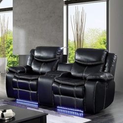 BLACK BREATHABLE LEATHERETTE POWER-LIGHT USB STORAGE-SILLON RECLINABLE LUZ