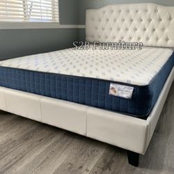 Queen White Crystal Button Bed With Ortho Mattress Included 