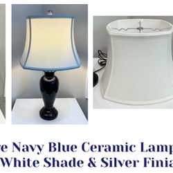 Large Navy Blue Ceramic Lamp with White Shade & Silver Finial