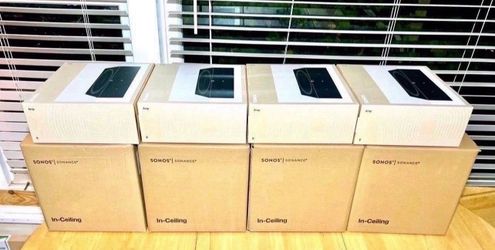 4 Sets of In-Ceiling Speakers with the latest Sonos Amps.  Each Set includes one amplifier and two speakers!  4 sets Sets.  That’s 4x amplifiers and 8