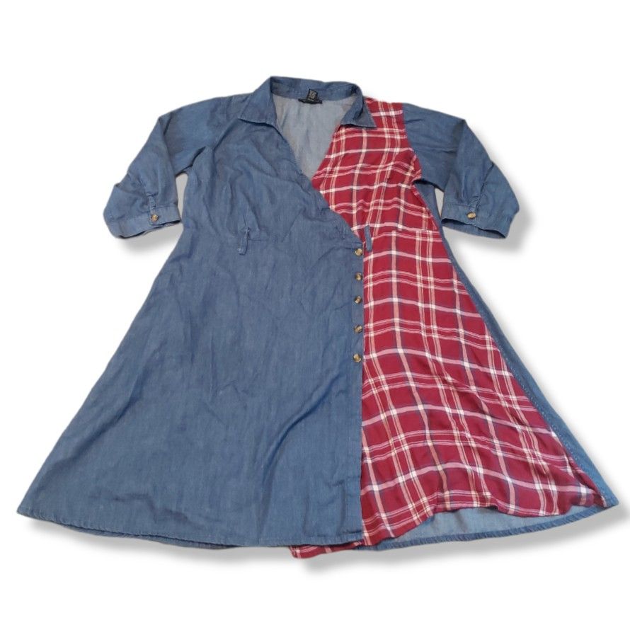 Ashley Stewart Dress Size 18/20 Plus Size Chambray Plaid 3/4 Sleeves Shirt Dress Measurements In Description 