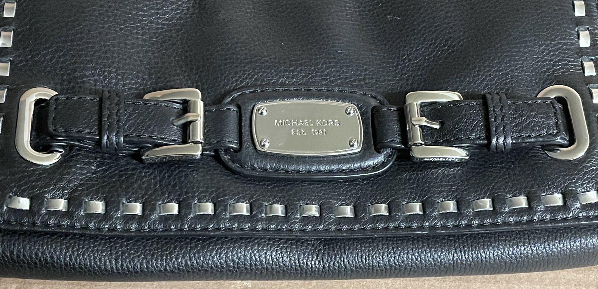 MICHAEL KORS Black Pebbled Leather Studded Chain Flap Clutch Gold Hardware