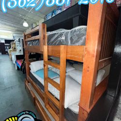 Triple Oak Bunk Bed With Mattresses Trundle New Cama Colchones 