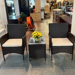 🔥Set of 3🔥Patio Porch Furniture Set, Outdoor PE Rattan Wicker Conversation Set with Soft Cushions, Glass Coffee Table & 2 Chairs for Garden,Deck,Cou