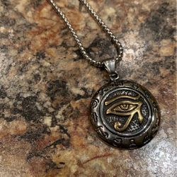 White Gold Plated Round Necklace 24” Chain Ancient Egypt Eye 